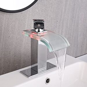 AVSIILE LED Bathroom Sink Faucet, Chrome Waterfall Single Hole Handle RV Bath Vanity Faucets for Sinks 1 Hole with Metal Pop Up Drain and 2 Water Supply Lines, Wide Glass Spout