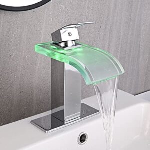 AVSIILE LED Bathroom Sink Faucet, Chrome Waterfall Single Hole Handle RV Bath Vanity Faucets for Sinks 1 Hole with Metal Pop Up Drain and 2 Water Supply Lines, Wide Glass Spout