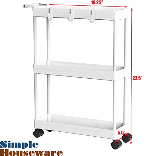 SimpleHouseware Kitchen Cart Storage 3-Tier Slim/Super Narrow Shelves with Handle, 26.5'' Height/5.5'' Width for Narrow Place, White