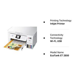 Epson EcoTank ET-2850 Wireless All-in-One Inkjet Color Printer, 4800x1200 dpi, Duplex Printing, Mobile Photo Printing, 1.44" Color LCD Display, Cartridge-Free, White, Bundle with Printer Cable