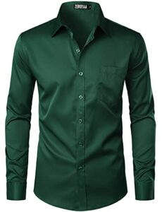 zeroyaa men's urban stylish casual business slim fit long sleeve button up dress shirt with pocket zlcl29-dark green x-large