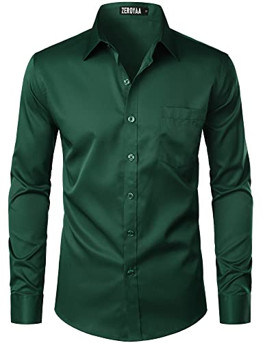 ZEROYAA Men's Urban Stylish Casual Business Slim Fit Long Sleeve Button Up Dress Shirt with Pocket ZLCL29-Dark Green X-Large