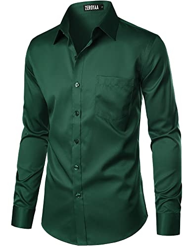 ZEROYAA Men's Urban Stylish Casual Business Slim Fit Long Sleeve Button Up Dress Shirt with Pocket ZLCL29-Dark Green Small