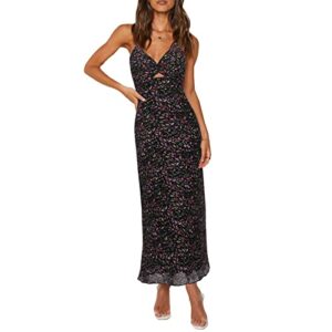 zaful women's spaghetti strap floral summer hollow twist front maxi dresses sexy cutout v neck backless vacation dress