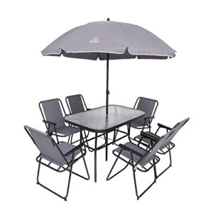 nice c outdoor dining sets, patio furniture set, 8 piece patio set with umbrella, garden outdoor furniture table set with tilted removable umbrella, glass table, and 6 folding chairs