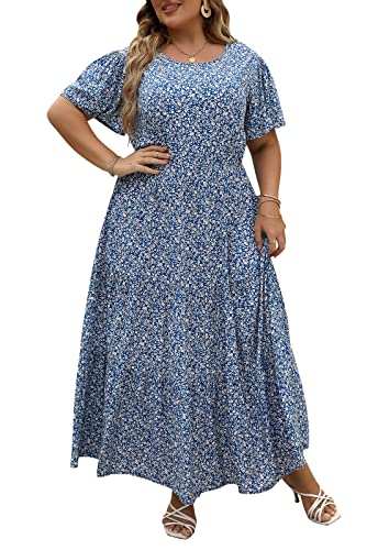 Nemidor Womens Plus Size Boho Ditsy Floral Print Casual Layered Flared Maxi Dress with Pocket NEM304(22,Blue White)