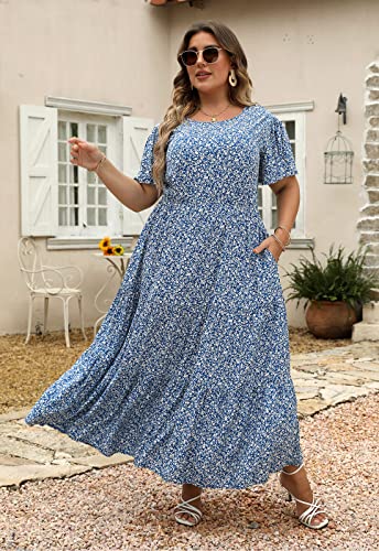 Nemidor Womens Plus Size Boho Ditsy Floral Print Casual Layered Flared Maxi Dress with Pocket NEM304(22,Blue White)