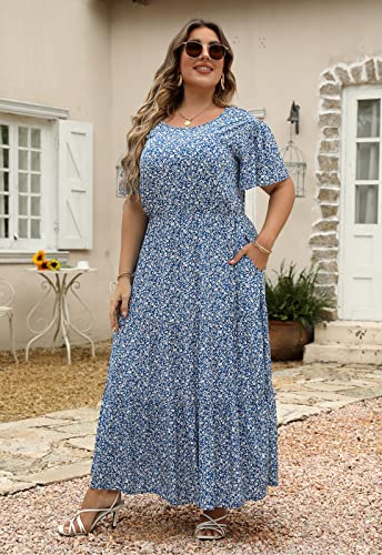 Nemidor Womens Plus Size Boho Ditsy Floral Print Casual Layered Flared Maxi Dress with Pocket NEM304(22,Blue White)
