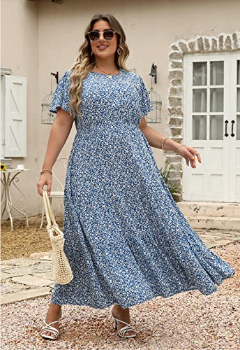 Nemidor Womens Plus Size Boho Ditsy Floral Print Casual Layered Flared Maxi Dress with Pocket NEM304(22,Blue White)