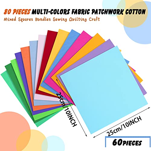 80 Pcs Solid Color Fabric Cotton Fat Quarters 10 x 10 Inch Fabric Squares Fabric Scraps Pre Cut Quilt Squares Fabric Bundles for DIY Crafting Sewing Quilting Patchwork Craft, Assorted Color