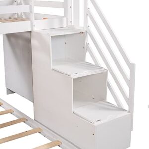 P PURLOVE Twin Over Full Bunk Bed, Wooden Bunk Bed Frame with Storage Staircase and Removable Storage Shelf, with guardrail and Separate Platform Bed, White