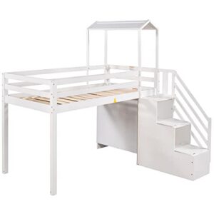 P PURLOVE Twin Over Full Bunk Bed, Wooden Bunk Bed Frame with Storage Staircase and Removable Storage Shelf, with guardrail and Separate Platform Bed, White