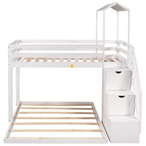 P PURLOVE Twin Over Full Bunk Bed, Wooden Bunk Bed Frame with Storage Staircase and Removable Storage Shelf, with guardrail and Separate Platform Bed, White