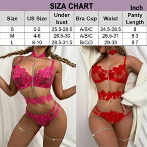 LQWY Women's Garter Lingerie Set Sexy Chain Teddy Babydoll Strappy Lace Bra and Panty Set