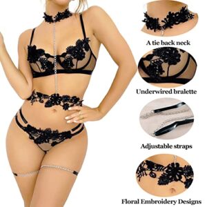 LQWY Women's Garter Lingerie Set Sexy Chain Teddy Babydoll Strappy Lace Bra and Panty Set