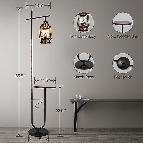 workluurop Vintage Floor Lamp with Table,Classical Lantern Standing Rustic Farmhouse Nightstand Hanging Arc Floor Lamp with Bronze Gold Finish,for Living Room,Bedroom,Reading Room(Bronze)