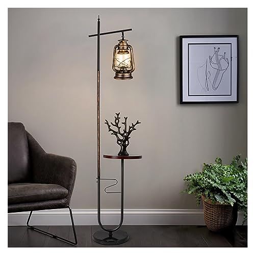 workluurop Vintage Floor Lamp with Table,Classical Lantern Standing Rustic Farmhouse Nightstand Hanging Arc Floor Lamp with Bronze Gold Finish,for Living Room,Bedroom,Reading Room(Bronze)