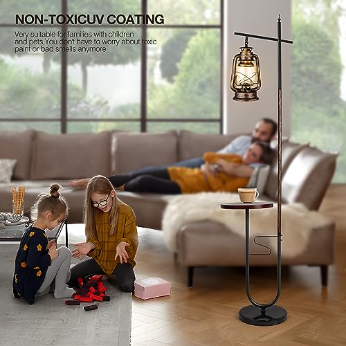 workluurop Vintage Floor Lamp with Table,Classical Lantern Standing Rustic Farmhouse Nightstand Hanging Arc Floor Lamp with Bronze Gold Finish,for Living Room,Bedroom,Reading Room(Bronze)