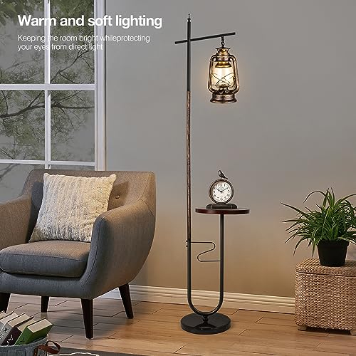 workluurop Vintage Floor Lamp with Table,Classical Lantern Standing Rustic Farmhouse Nightstand Hanging Arc Floor Lamp with Bronze Gold Finish,for Living Room,Bedroom,Reading Room(Bronze)