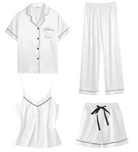swomog satin pajama set women silk pjs set short sleeve 4 piece button down sleepwear lounge sets white