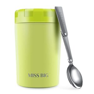 miss big insulated food container, 17oz thermos for hot food for kids & adult,leakproof,bpas free, food thermos with spoon,keep hot & cold food for school,office,travel bento box for hot food (green)