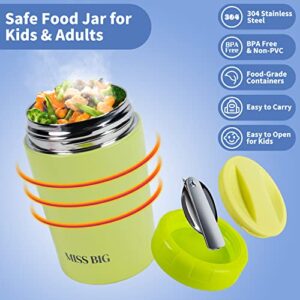 MISS BIG Insulated Food Container, 17oz Thermos for Hot Food for Kids & Adult,Leakproof,BPAs Free, Food Thermos with Spoon,Keep Hot & Cold Food for School,Office,Travel Bento Box for Hot Food (Green)