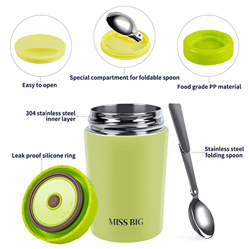 MISS BIG Insulated Food Container, 17oz Thermos for Hot Food for Kids & Adult,Leakproof,BPAs Free, Food Thermos with Spoon,Keep Hot & Cold Food for School,Office,Travel Bento Box for Hot Food (Green)