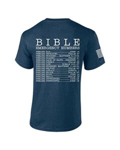 mens christian bible emergency numbers scripture short sleeve t-shirt graphic tee-heather navy-small