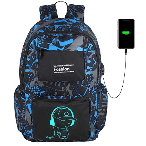 FLYMEI Cool Backpack with USB Charging Port, Anime Backpack for Teens 15.6 inch Laptop Backpack, Luminous Bookbags for Boys Durable Backpack for Elementary