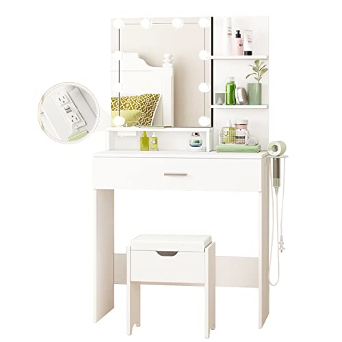 Makeup Vanity Table with Lighted Mirror & Power Strip, White Vanity Set with Hair Dryer Rack, Lots Storage, 3 Lighting Modes, Brightness Adjustable, 31.5in(L)