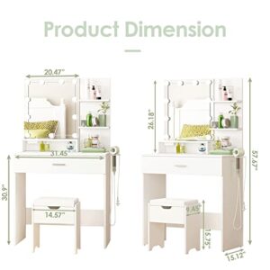 Makeup Vanity Table with Lighted Mirror & Power Strip, White Vanity Set with Hair Dryer Rack, Lots Storage, 3 Lighting Modes, Brightness Adjustable, 31.5in(L)