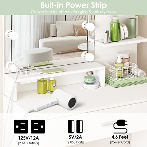 Makeup Vanity Table with Lighted Mirror & Power Strip, White Vanity Set with Hair Dryer Rack, Lots Storage, 3 Lighting Modes, Brightness Adjustable, 31.5in(L)