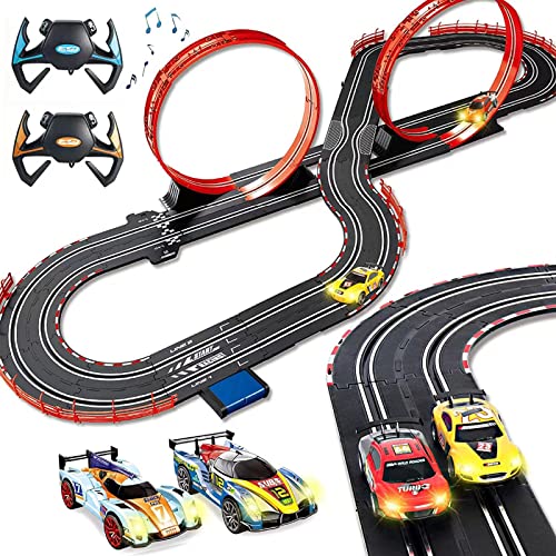 Slot Car Race Track for Boys and Kids Electric Racing Vehicle Playset 1:43 with 4 Cars Headlights 2 Controller Sound and Light Toys Gift for Children