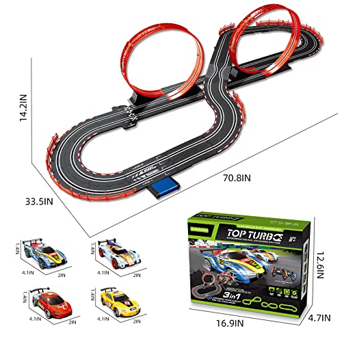 Slot Car Race Track for Boys and Kids Electric Racing Vehicle Playset 1:43 with 4 Cars Headlights 2 Controller Sound and Light Toys Gift for Children