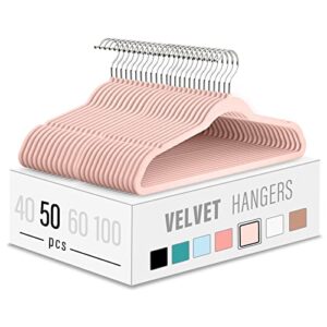 velvet clothes hangers (50 pack) heavy duty durable suit hanger vibrant color hangers lightweight space saving coat hangers for closet -blush pink