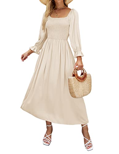 ZESICA Women's Casual Square Neck 3/4 Puff Sleeve Solid Color Smocked High Waist Flowy Midi Dress,Beige,Small