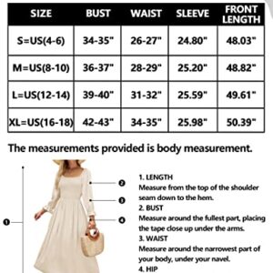 ZESICA Women's Casual Square Neck 3/4 Puff Sleeve Solid Color Smocked High Waist Flowy Midi Dress,Beige,Small