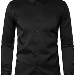 HOOD CREW Men’s Long Sleeve Button Down Shirt Slim Fit Casual Solid Dress Shirts Black 3XL