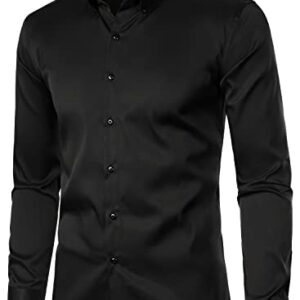 HOOD CREW Men’s Long Sleeve Button Down Shirt Slim Fit Casual Solid Dress Shirts Black 3XL