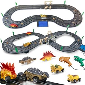 electric slot car race track sets for boys age 8-12, including 2 dinosaur cars 2 hand controllers, electric dinosaur racing tracks for kids, gift toys for children over 8 years old