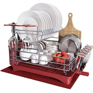 qienrrae large dish drying rack with drainboard set, stainless steel dish rack with drainage, wine glass holder, utensil holder and extra dryer mat, 2 tier dishes rack for kitchen counter, red