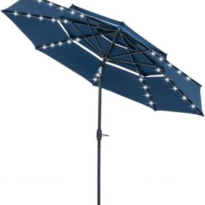 Saemoza 10ft 3 Tiers Patio Umbrella with Solar Powered, Outdoor Market Table Umbrella with 40 LED Lights, Push Button Tilt, Crank and 8 Ribs for Garden, Backyard and Pool (navy blue)