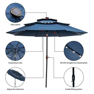 Saemoza 10ft 3 Tiers Patio Umbrella with Solar Powered, Outdoor Market Table Umbrella with 40 LED Lights, Push Button Tilt, Crank and 8 Ribs for Garden, Backyard and Pool (navy blue)