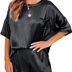 Ekouaer Womens, Satin Sleepwear, 2 Piece Slip Silk Pajamas, Short Sleeve Top and Loose Shorts, Nightwear, A-black, X-Small