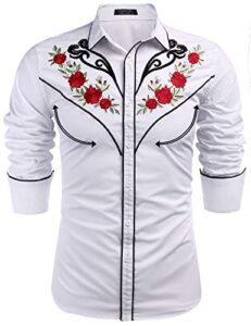 coofandy men's western cowboy shirt embroidered rose vintage long sleeve casual button down shirt