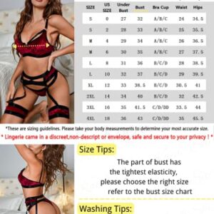 Kaei&Shi Garter Belt Thong Lingerie for Women,Strappy Hollow Out Sexy Lingerie,Underwire Mesh Sheer Matching 4 Piece Lingerie Set Valentine Day Red Velvet Medium