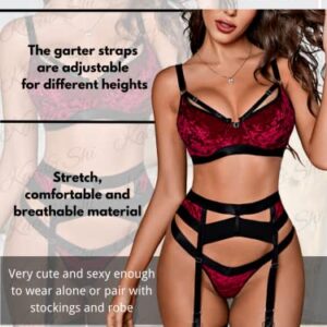 Kaei&Shi Garter Belt Thong Lingerie for Women,Strappy Hollow Out Sexy Lingerie,Underwire Mesh Sheer Matching 4 Piece Lingerie Set Valentine Day Red Velvet Medium