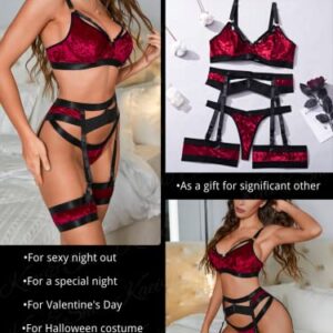 Kaei&Shi Garter Belt Thong Lingerie for Women,Strappy Hollow Out Sexy Lingerie,Underwire Mesh Sheer Matching 4 Piece Lingerie Set Valentine Day Red Velvet Medium