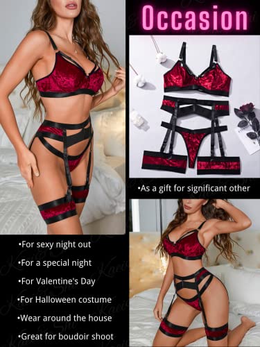 Kaei&Shi Garter Belt Thong Lingerie for Women,Strappy Hollow Out Sexy Lingerie,Underwire Mesh Sheer Matching 4 Piece Lingerie Set Valentine Day Red Velvet Medium