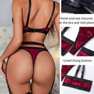 Kaei&Shi Garter Belt Thong Lingerie for Women,Strappy Hollow Out Sexy Lingerie,Underwire Mesh Sheer Matching 4 Piece Lingerie Set Valentine Day Red Velvet Medium